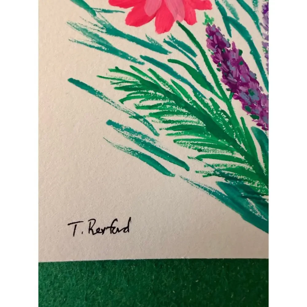 Hand painted gouache original painting flowers bouquet pink purple blue green